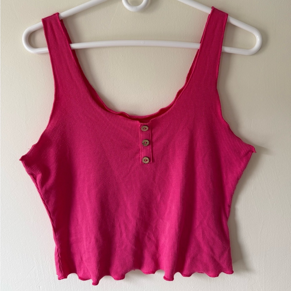 Pink Ribbed Tank Top with Button Detail